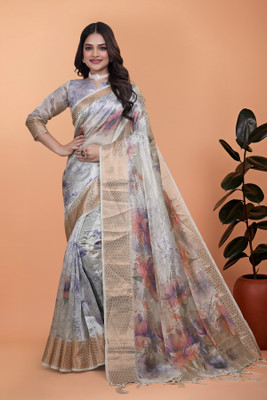 TRINETRA STUDIO Floral Print, Woven Bollywood Silk Blend Saree(Grey)