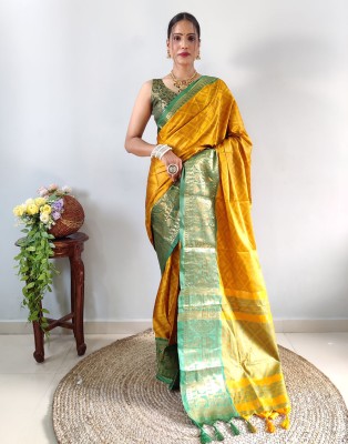 A To Z Cart Embellished Banarasi Cotton Silk Saree(Yellow, Green)