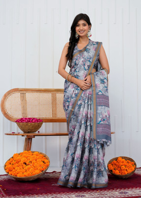 SHRIVAN FASHION Printed Bollywood Cotton Blend Saree(White, Grey)