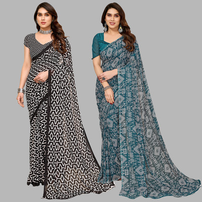 Anand Sarees Printed Daily Wear Georgette Saree(Pack of 2, Black, Green)