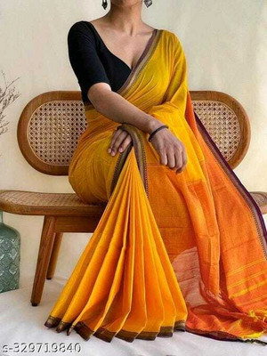 TRFASHIONHUB Solid/Plain Handloom Cotton Blend Saree(Yellow)