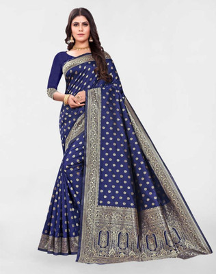 Samah Woven, Embellished Banarasi Silk Blend Saree(Dark Blue, Gold)