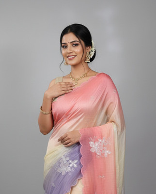 Anugrah Textile Embroidered Banarasi Lycra Blend, Chiffon Saree(Pink, Purple)
