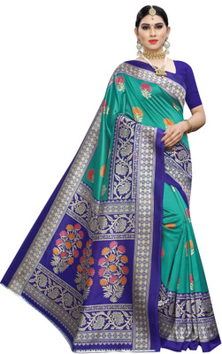 HouseOfCommon Striped Kalamkari Georgette Saree(Dark Green)