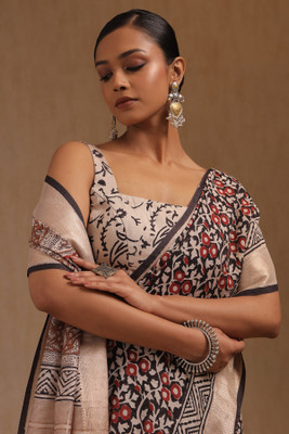 soch Floral Print Saree with Attached Blouse Viscose Rayon Saree(Beige)