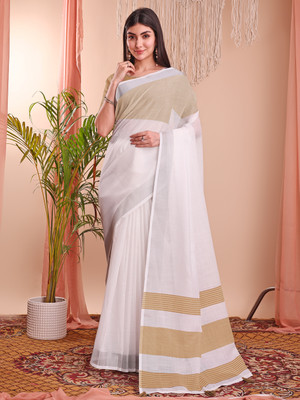 Pandadi Saree Color Block Kanjivaram Cotton Linen Saree(White, Beige)