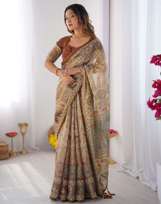 Tasrika Floral Print, Geometric Print, Embellished Handloom Linen Saree(Multicolor, Beige)