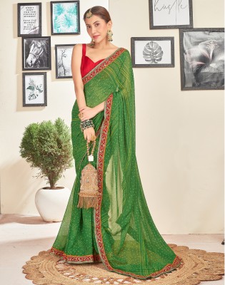 Satrani Printed, Embellished, Embroidered Bandhani Georgette Saree(Green)