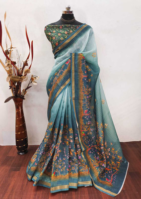 Saaransh Floral Print Kanjivaram Linen, Cotton Silk Saree(Light Green)