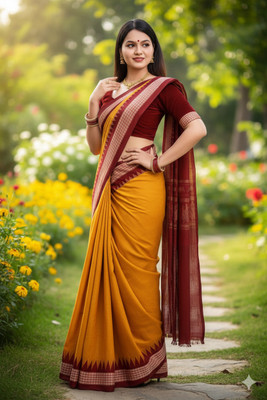 Afronza Solid/Plain, Temple Border, Woven Sambalpuri Silk Blend, Pure Silk Saree(Mustard, Red)