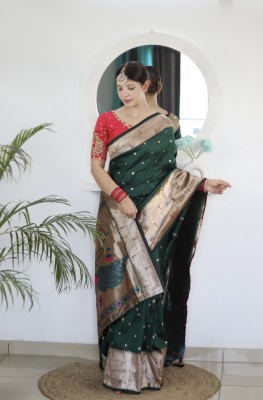 ZILVIRA Woven, Polka Print, Embellished, Applique, Dyed Paithani Pure Silk, Art Silk Saree(Green)