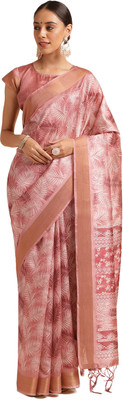 DOI MOI Printed Bollywood Silk Blend Saree(Pink)
