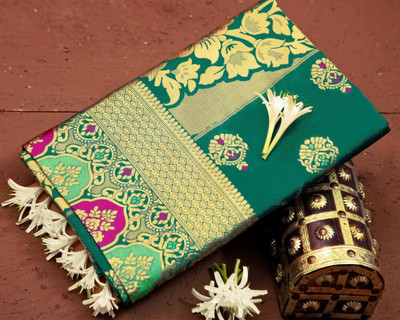 SHWENILA Solid/Plain Assam Silk Pure Silk Saree(Dark Green)