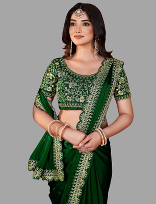 DHARMEE Embellished, Self Design, Solid/Plain, Applique, Woven, Embroidered Bollywood Silk Blend, Lace Saree(Green)