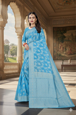 Samai Printed Banarasi Cotton Blend Saree(Light Blue)