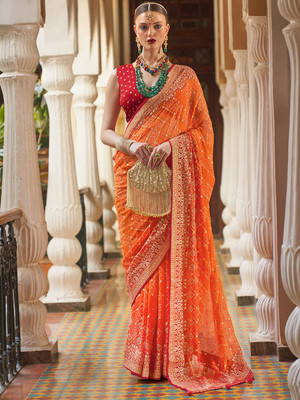 Tasrika Embellished Leheria Georgette Saree(Orange)
