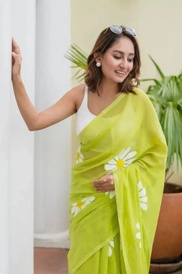 Soor Panchi Floral Print Handloom Cotton Linen Saree(Light Green)
