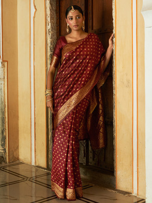 Janasya Woven, Self Design Banarasi Silk Blend Saree(Maroon)