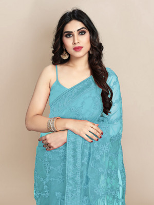 JIVI CLOTHING Solid/Plain Bollywood Net Saree(Blue)