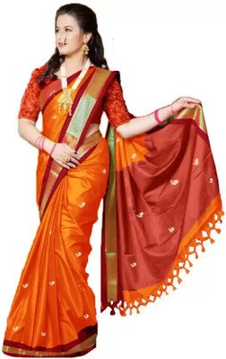 Shruti Bandhani Woven Kanjivaram Cotton Silk Saree(Orange, Brown)