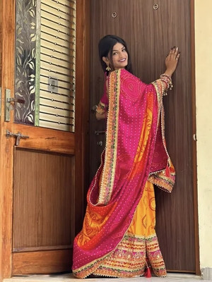 vallavi fashion Embroidered Bollywood Dupion Silk Saree(Yellow, Red)