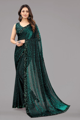 GUNHILD Self Design Banarasi Lycra Blend, Supernet Saree(Green)