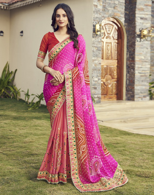 Satrani Embroidered, Embellished, Printed Bandhani Chiffon Saree(Pink, Multicolor)