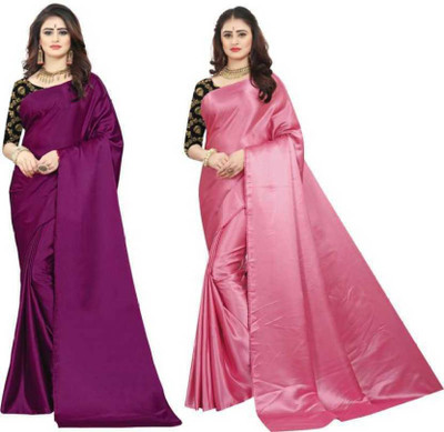 Arpita Fashion Solid/Plain Patola Satin Saree(Pack of 2, Multicolor)