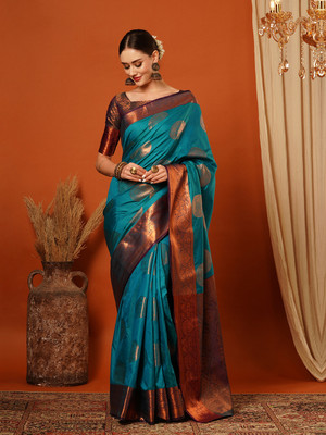 ARMEIDA Embellished, Woven Bollywood Pure Silk, Jacquard Saree(Dark Blue, Purple, Gold)