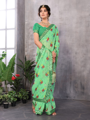 YASHIKA Printed Bollywood Georgette, Lace Saree(Green)