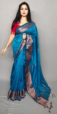 Rabi Saree and Textile center Solid/Plain Handloom Cotton Silk Saree(Dark Blue)