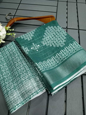 Gajal Printed Kanjivaram Linen, Cotton Linen Saree(Green)