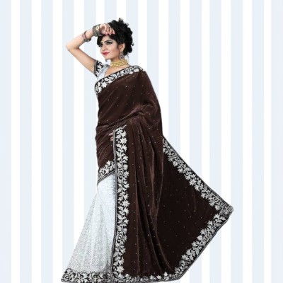 finufashion Embroidered Bollywood Velvet Saree(Brown)