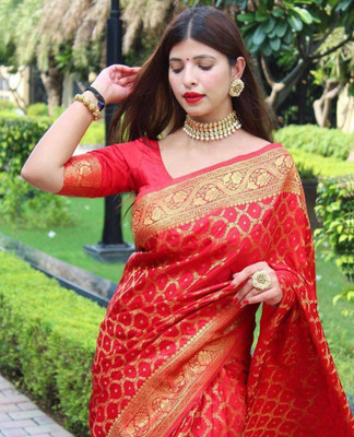 SHOPDROP Woven Banarasi Pure Silk Saree(Red)