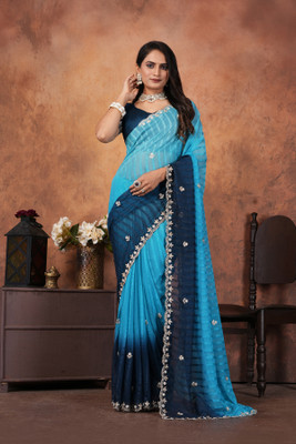 Clothing Hub Embroidered, Solid/Plain Bollywood Chiffon Saree(Light Blue)