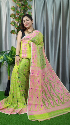 binita Self Design Jamdani Cotton Silk Saree(Light Green)