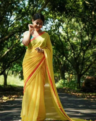 Abharani Saree Kuthir Solid/Plain Bollywood Cotton Blend Saree(Yellow)
