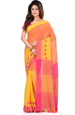 Desh Bidesh Printed, Self Design, Solid/Plain, Woven, Striped Handloom Handloom Cotton Blend, Pure Cotton Saree(Yellow)