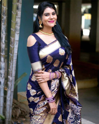 Kedar Fab Woven, Self Design Banarasi Jacquard Saree(Blue)