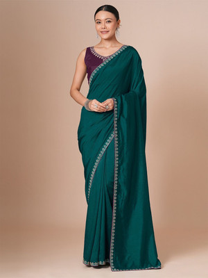 House of Pataudi Solid/Plain Daily Wear Silk Blend Saree(Green)
