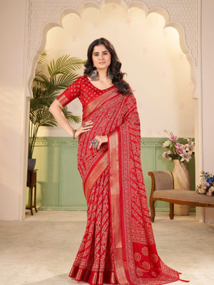 HouseOfCommon Floral Print Bandhani Art Silk Saree(Red)