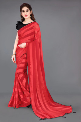 MIRCHI FASHION Striped, Solid/Plain Bollywood Georgette Saree(Red, Black)