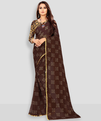 RHEY Printed Bollywood Chiffon Saree(Brown)