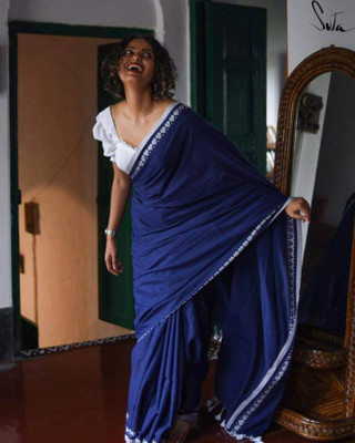 ROONG DHAGAA Solid/Plain Handloom Cotton Blend Saree(Blue)