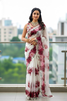 Myraani Self Design Bollywood Cotton Linen, Art Silk Saree(White, Red)