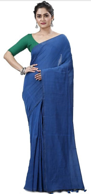 BiswasTextiles Solid/Plain Handloom Cotton Blend Saree(Blue)