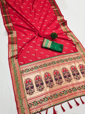 VIRDHI TEXTILE Printed Paithani Jacquard, Silk Blend Saree(Red)