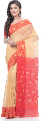 Desh Bidesh Woven, Self Design, Floral Print Jamdani Handloom Cotton Blend, Pure Cotton Saree(Cream)