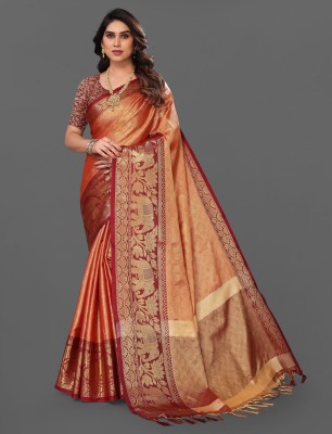 Fashion Club Collection Self Design Kanjivaram Pure Silk Saree(Orange, Maroon)