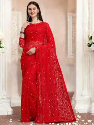 NORAFLEX Embroidered Bollywood Net Saree(Red)